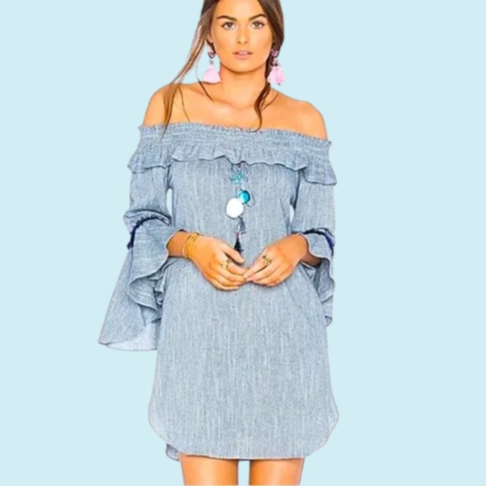 MISA Mini Dress Size Small Blue Chambray Vanessa Off The Shoulder Bell Sleeves